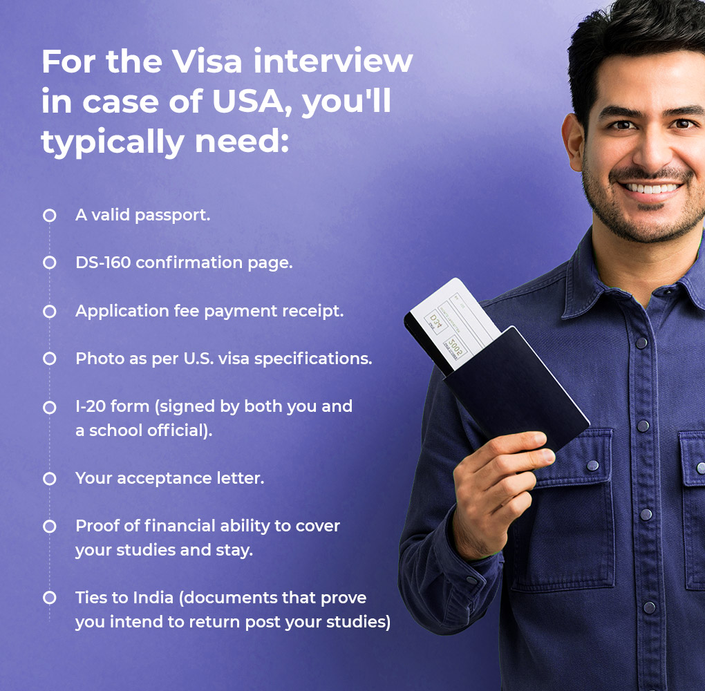 For the Visa interview in case of USA, you'll typically need