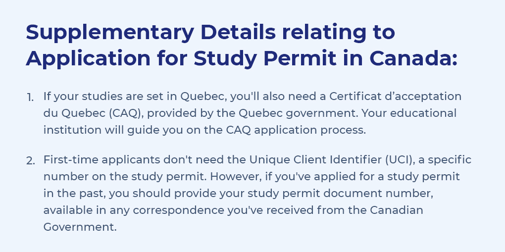 Supplementary Details relating to Application for Study Permit in Canada