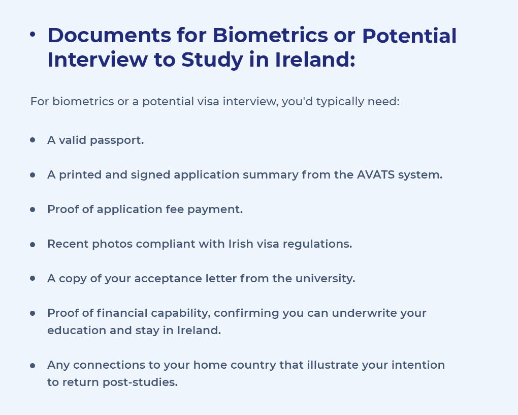 Documents for Biometrics or Possible Interview to Study in Ireland